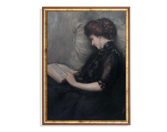 Impression de livre de lecture de femme vintage : art portrait ancien de mauvaise humeur