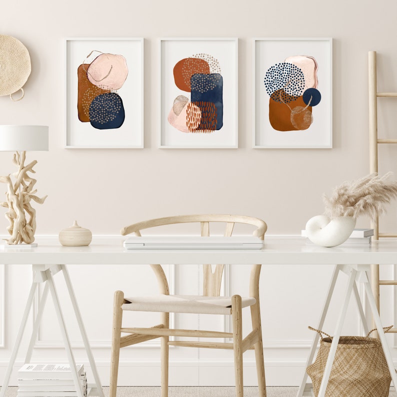 3 Piece Wall Art Burnt Orange Terracotta Navy Blue Blush Pink Etsy