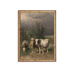 Cattle Landscape Print: Vintage Cows Painting, Rustic Farmhouse Decor