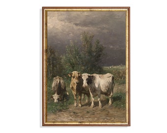 Printed and Shipped | Cattle in Landscape | Vintage Cows Painting | Antique Farmhouse Decor | Rustic Fine Art | Mailed Print