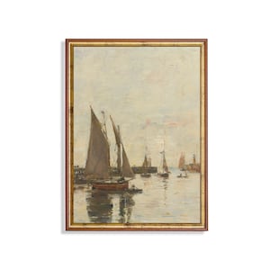 Impression de voilier vintage : peinture à l&#39;huile de paysage marin antique, décoration neutre
