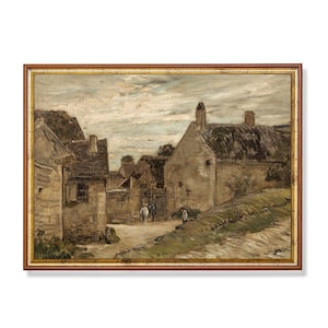 Vintage French Village Painting: Rustic Farmhouse Landscape Art (Digital Download)
