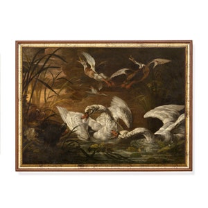 Vintage Swans and Dogs Painting: Moody Rustic Art Print