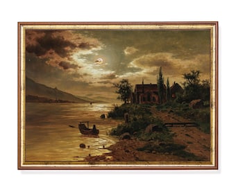 Vintage Lake Landscape Art Print: Moody Moonlight Scenery