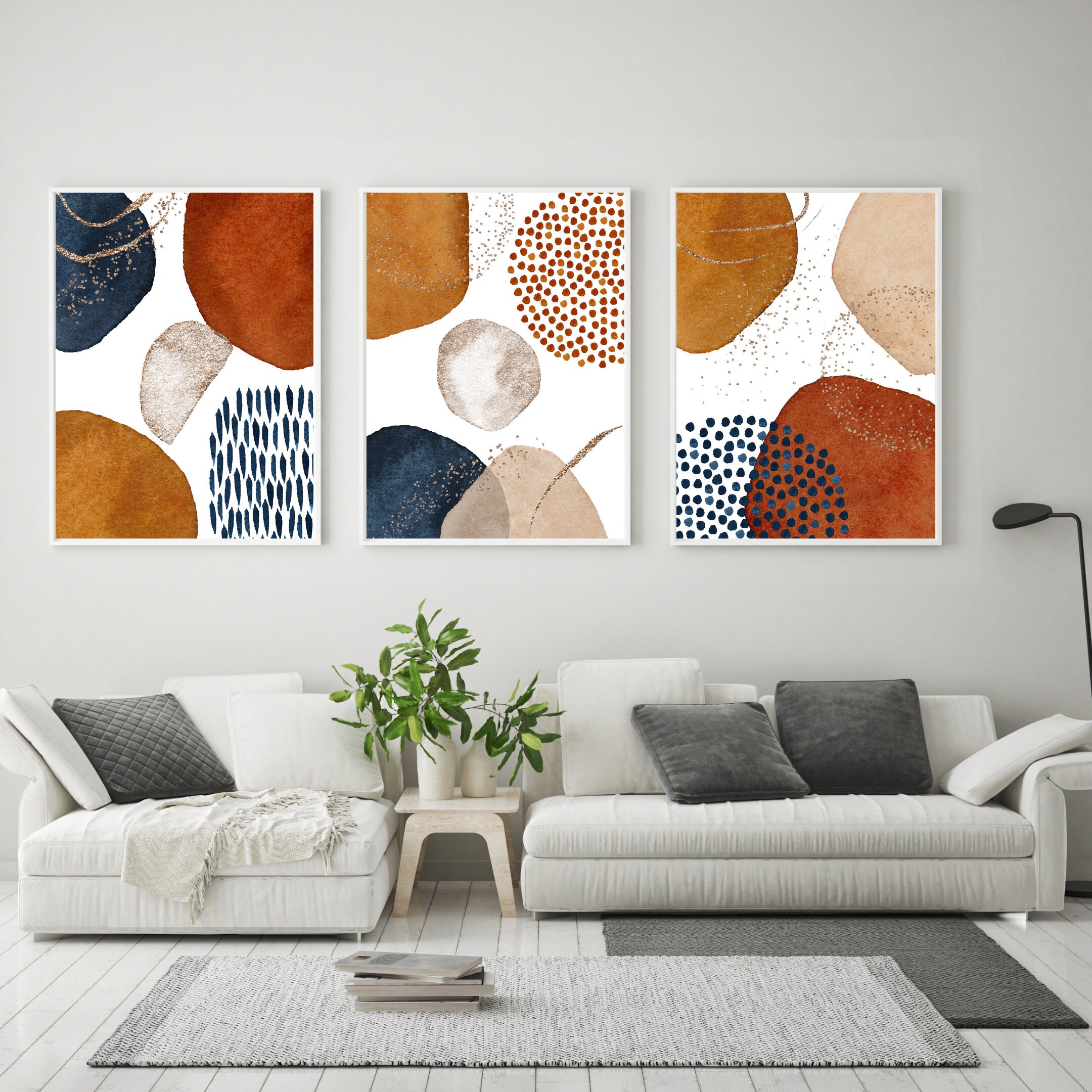 3 Piece Wall Art Printable Navy Blue Burnt Orange Terracotta Etsy