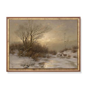 Vintage Winter Deer Landscape Painting: Antique Snow Scene Print