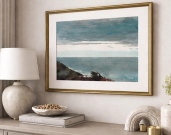 ヴィンテージの海景プリント：ムーディーな海岸の水彩画 - Etsy 日本