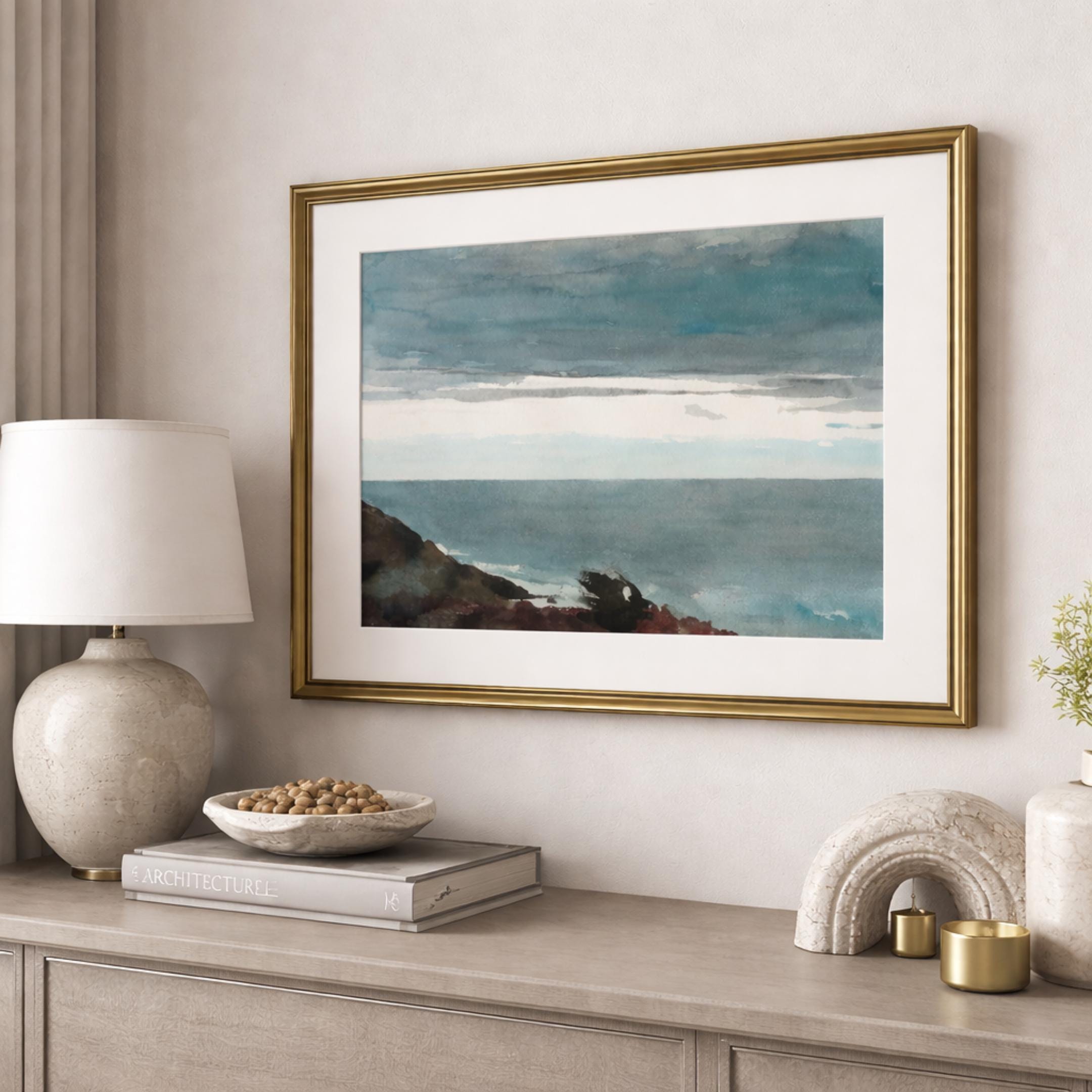 ヴィンテージの海景プリント：ムーディーな海岸の水彩画 - Etsy 日本