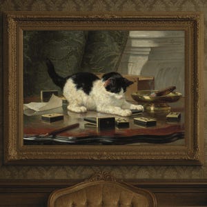 Vintage Cat Playing Dominoes Painting: 19th Century Fine Art (Digital Download)
