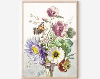 Vintage bloemenaquarelprint: 19e-eeuwse botanische kunst met vlinder