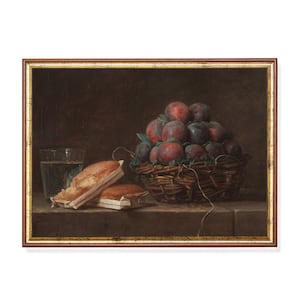 Vintage pruimstilleven: antiek fruitschilderij, boerderijdecor