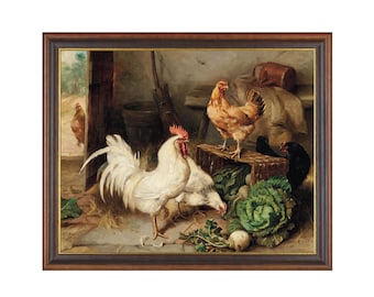 Vintage Chicken Print: Kogut z farmy w stodole, sztuka piękna