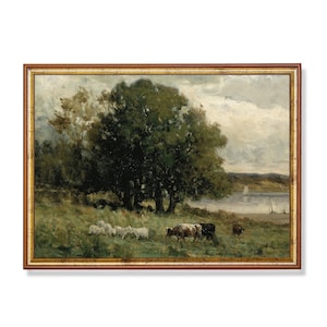 Vintage Cow Painting Print: Moody Country Landscape Art