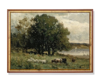 Vintage Cow Painting Print: Moody Country Landscape Art
