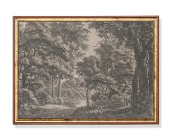 Vintage Landscape Sketch Print: Rustic Forest Etching Wall Art