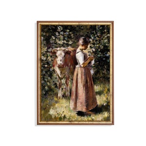 Cowgirl and Cow Vintage Portrait Painting: Rustic Fine Art Print