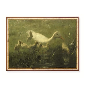 Vintage Duck and Chicks Painting: Country Landscape Art Print