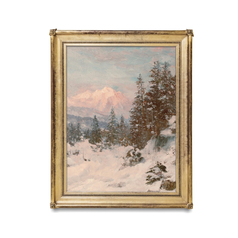 Vintage Snowy Mountain Landscape Print: Rustic Winter Cabin Decor ...