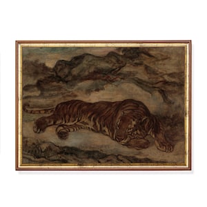 印刷して発送 | 虎の絵 | ヴィンテージ動物プリント | ダークムーディな素朴な壁装飾 | 油絵アート | 農家風装飾