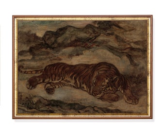 Vintage Tiger Oil Painting Print: Dark Moody Animal Wall Art