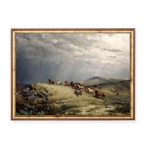 Print and Ship | Vintage Painting | Horses in the Mountains | Antique Horses Print | Moody Rustic Landscape Art | Mailed Print