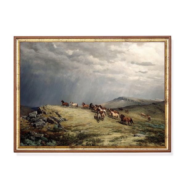 Vintage Horses in Mountain Landscape Art Print: Moody Rustic Painting