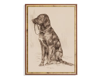 May include: A black and white line drawing of a dog sitting with its head turned to the side. The dog is wearing a collar and has a leash in its mouth.