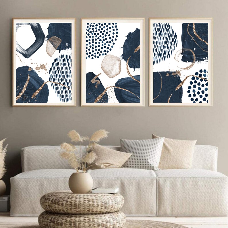 Navy Blue Gold Wall Art Print Set of 3 Nordic Printable Poster Etsy