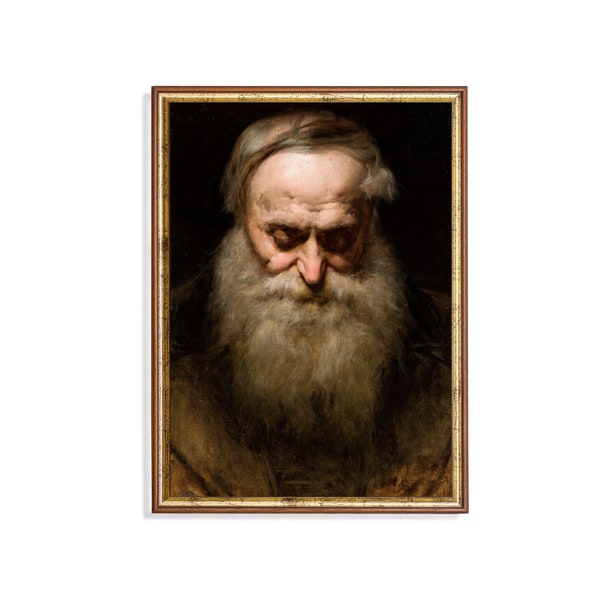 Old Man Portrait with Grey Beard | Vintage Portrait Painting | Dark Moody Rustic Print | Oil Painting | Digital Download Printable Wall Art