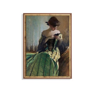 Lady in Green Dress Vintage Art Print – Impressionist Woman Portrait Wall Decor, Elegant Fine Art Reproduction, Classic Fashion Painting