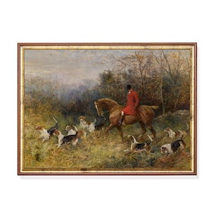 Vintage Equestrian Hunt Print – 19th Century Horse and Hounds Painting, Antique Fox Hunting Scene Reproduction, Rustic English Wall Art