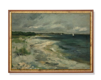 Vintage Coastal Seascape Painting | Moody Beach Art Print (Mailed Art)