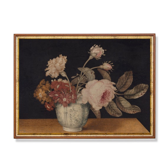 静物画 花瓶と植物 木製フレーム イタリア