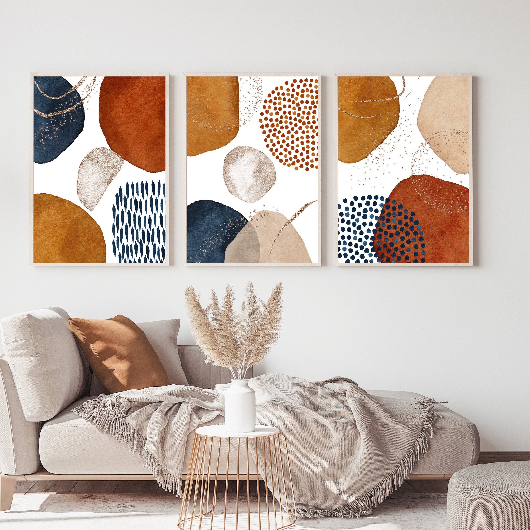 3 Piece Wall Art Printable Navy Blue Burnt Orange Terracotta Etsy