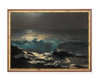 Moonlit Seascape Painting: Vintage Ocean Beach Art Print