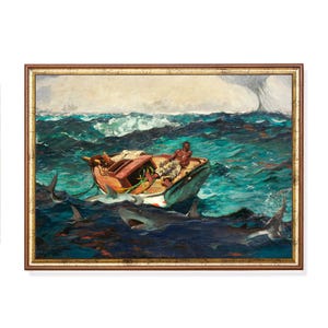 May include: A framed painting depicts a man in a small boat surrounded by sharks in turbulent turquoise waters. The boat is brown and white, with the man seated inside. The artwork has a dramatic, realistic style.