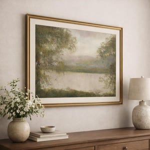 Grabado antiguo de paisaje lacustre: pintura impresionista del siglo XIX (descarga digital)