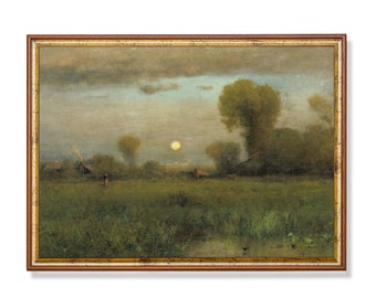 Puede incluir: Una pintura enmarcada que representa un paisaje rural con una gran luna llena en el cielo. La escena está bañada en colores suaves y apagados, con un toque de azul en el cielo y verde en los campos. La pintura presenta una pequeña granja en la distancia, rodeada de árboles y un campo de hierba alta.