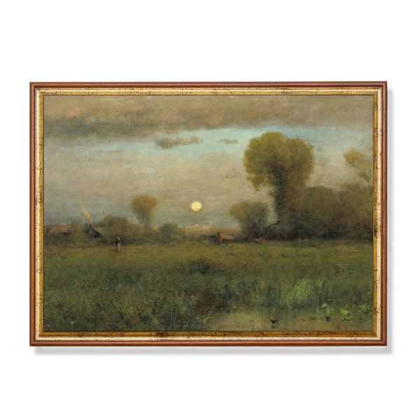 Vintage Landscape Painting | Country Landscape | Antique Moon Fine Art Print | Rustic Moody Painting | Digital Download | Printable Wall Art
