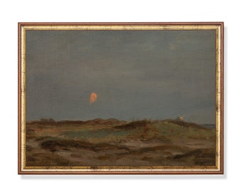 Puede incluir: Pintura de paisaje enmarcada que representa una escena costera bajo un cielo oscuro. La obra presenta colinas onduladas con vegetación dispersa, una paleta de colores apagados y un cuerpo celeste cálido de tono naranja en el cielo.