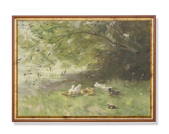 Vintage Spring Landscape Painting: Ducks in River (Digital Download)