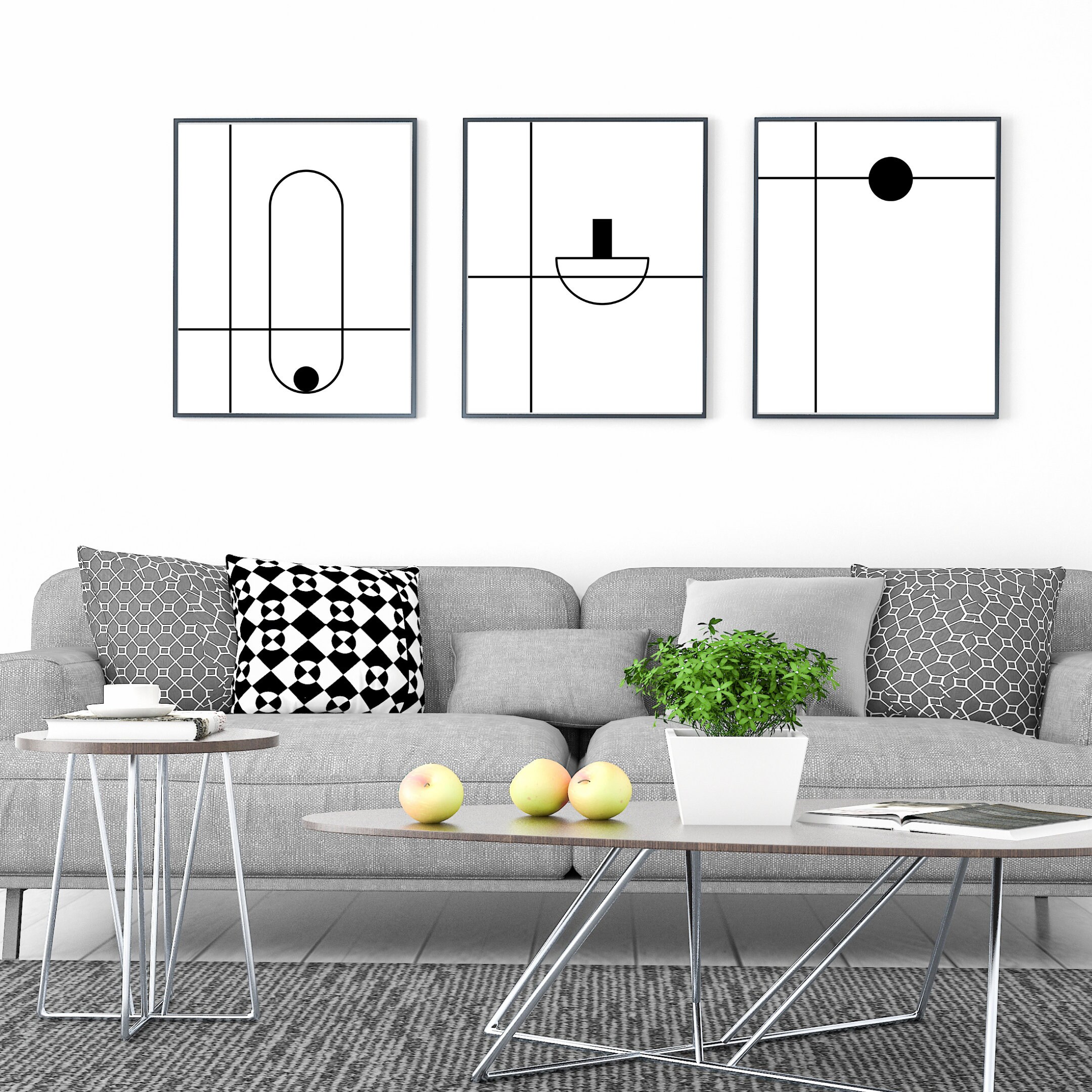 Set Of 3 Black and White Prints Geometric Wall Art Minimalist | Etsy