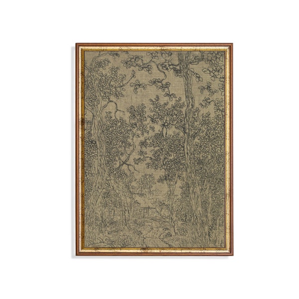 Wooded Landscape | Vintage Sketch Drawing | Antique Textile Print | Rustic Moody Ink Sketch Art | Digital Download | Printable Wall Art