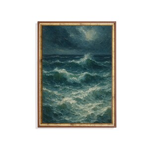 May include: A framed oil painting depicting a turbulent ocean scene with deep blue and teal waves crashing under a dark, stormy sky. The artwork is enclosed in a rectangular wooden frame with a thin, distressed gold inner border detail.