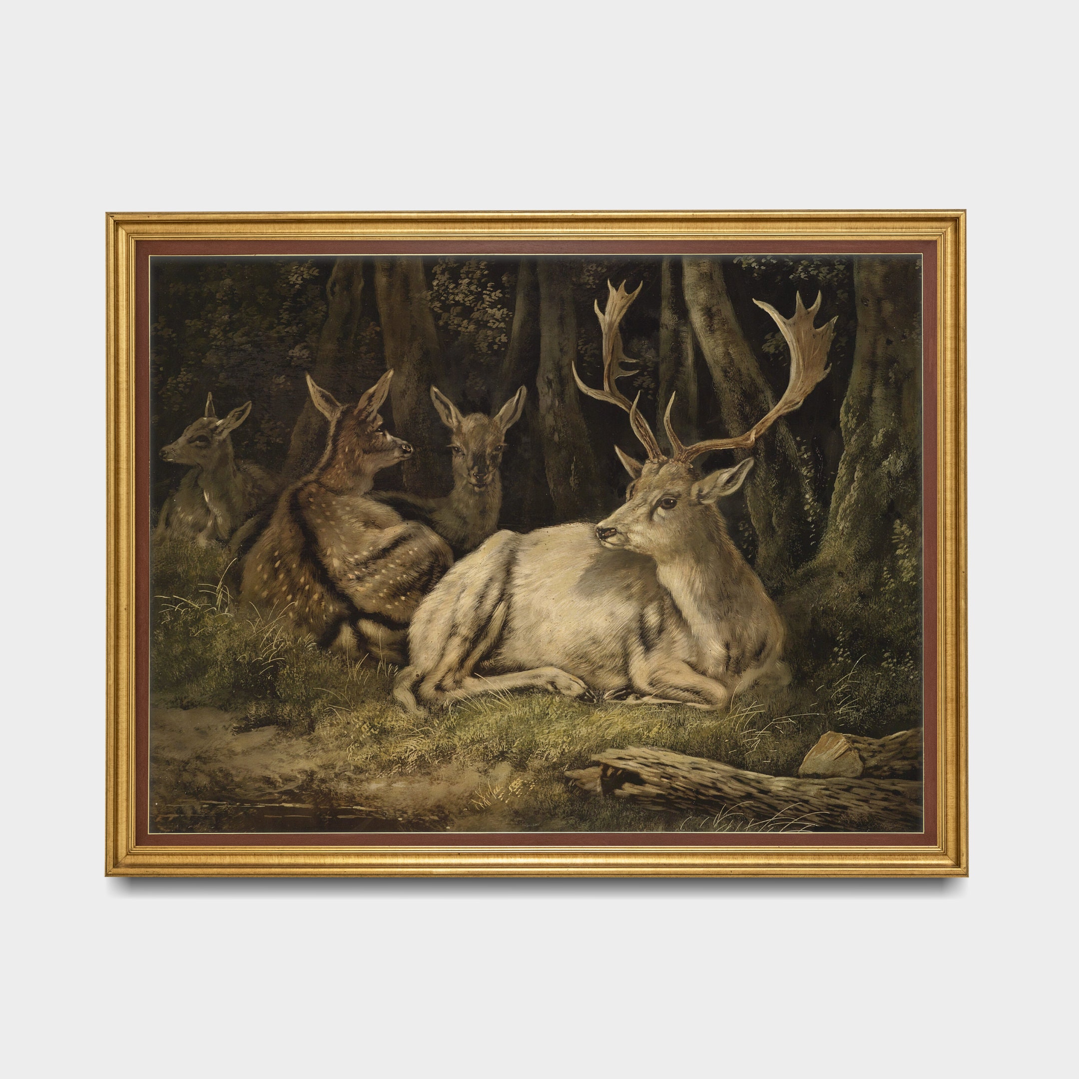 Vintage Deer Family Oil Painting | Rustic Animal Wall Art (digital ...