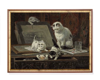 Vintage Kitten Art Lesson Print: Antique Cat Painting