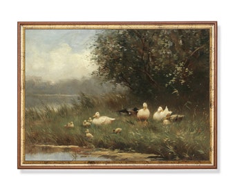 Vintage Duck and Ducklings Print: Antique Bird Painting