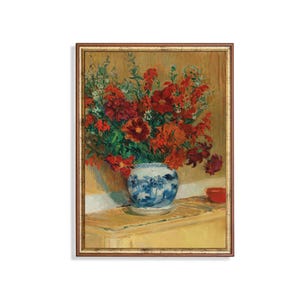 Gedruckt und Versandt | Vintage Stillleben mit Blumen | Antike Blumenmalerei | Rustikaler Druck | Blumenstrauß in blauer Vase