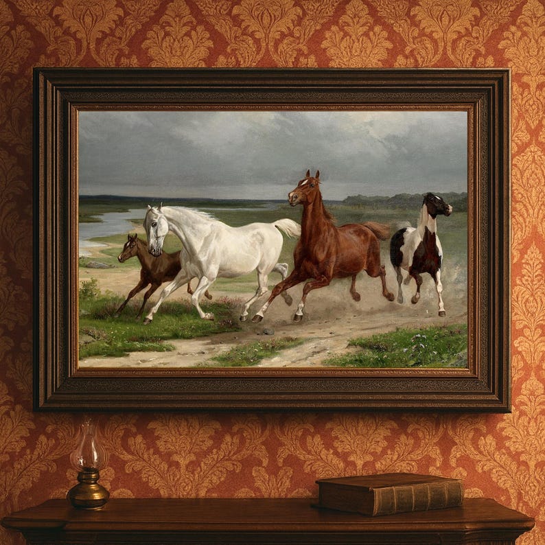 Vintage Horse Oil Painting Print | Equestrian Farmhouse Wall Art ...