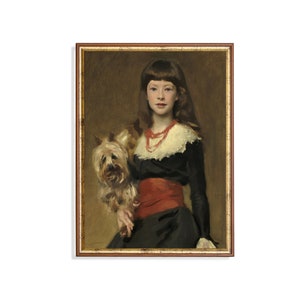 Girl with Dog Vintage Portrait Print – Victorian Child and Terrier Art, Red Sash Classical Painting, Antique Fine Art for Home